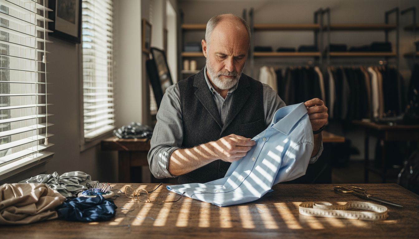 Tailor checking quality of branded shirt