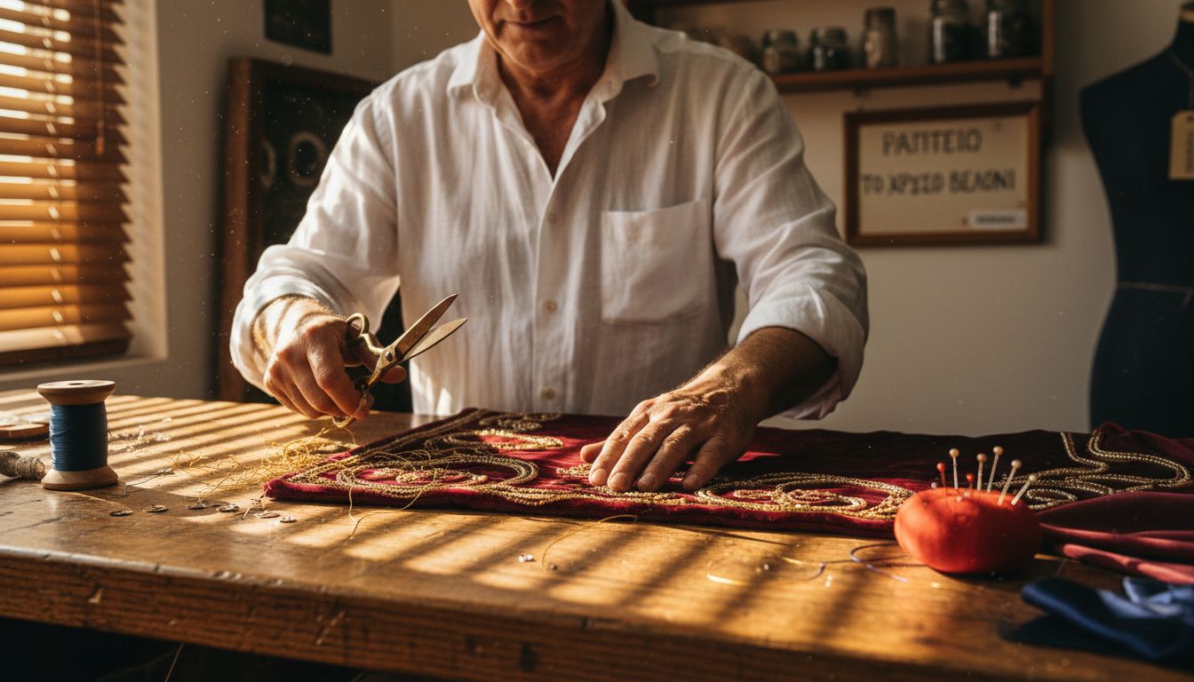 Έμπειρος ράφτης που αγγίζει με προσοχή και φροντίδα τα πιο εκλεκτά υφάσματα, δίνοντας σημασία και στην παραμικρή λεπτομέρεια.