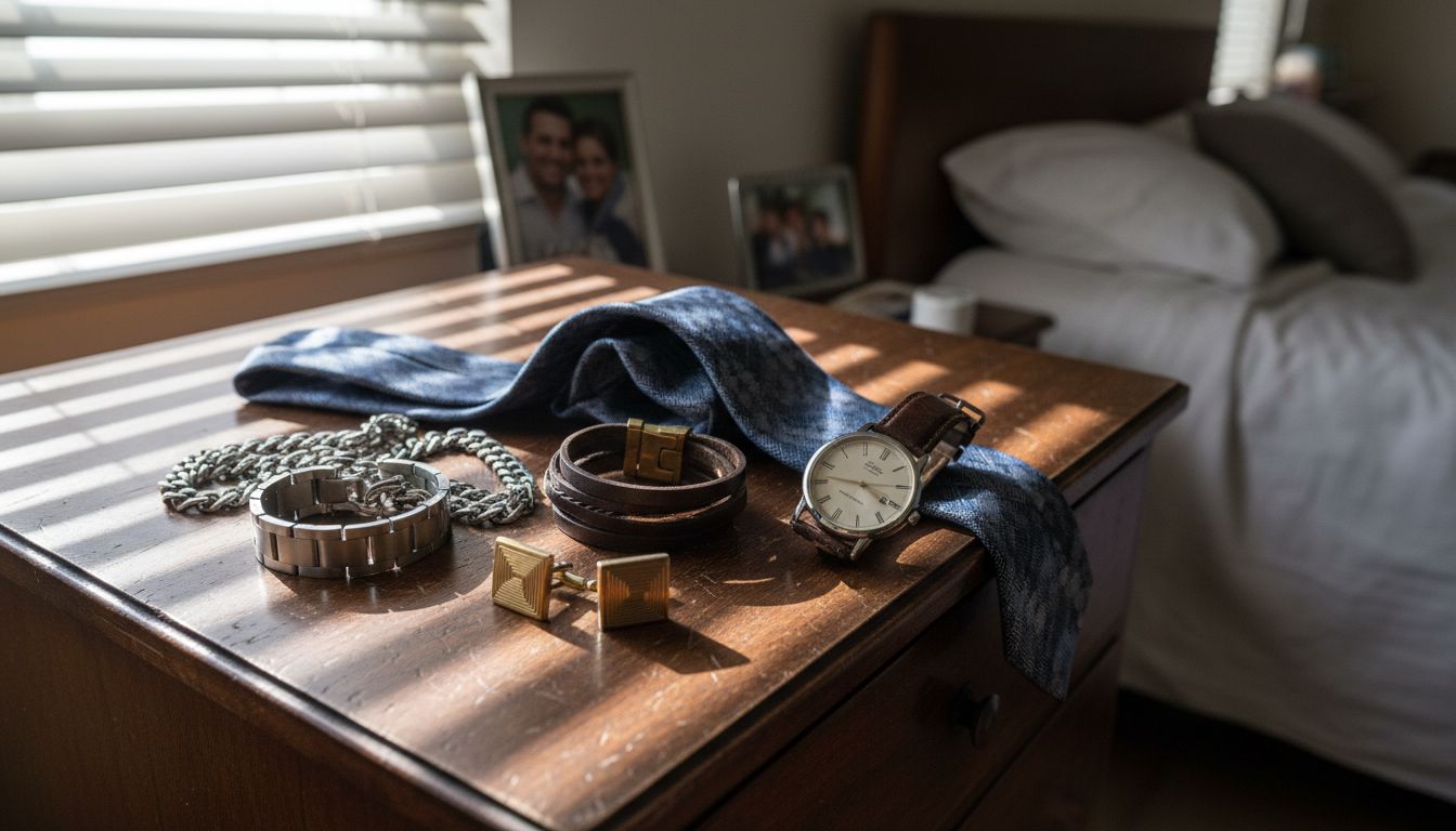 Μια προσεγμένη συλλογή ανδρικών κοσμημάτων απλωμένη πάνω στη συρταριέρα.