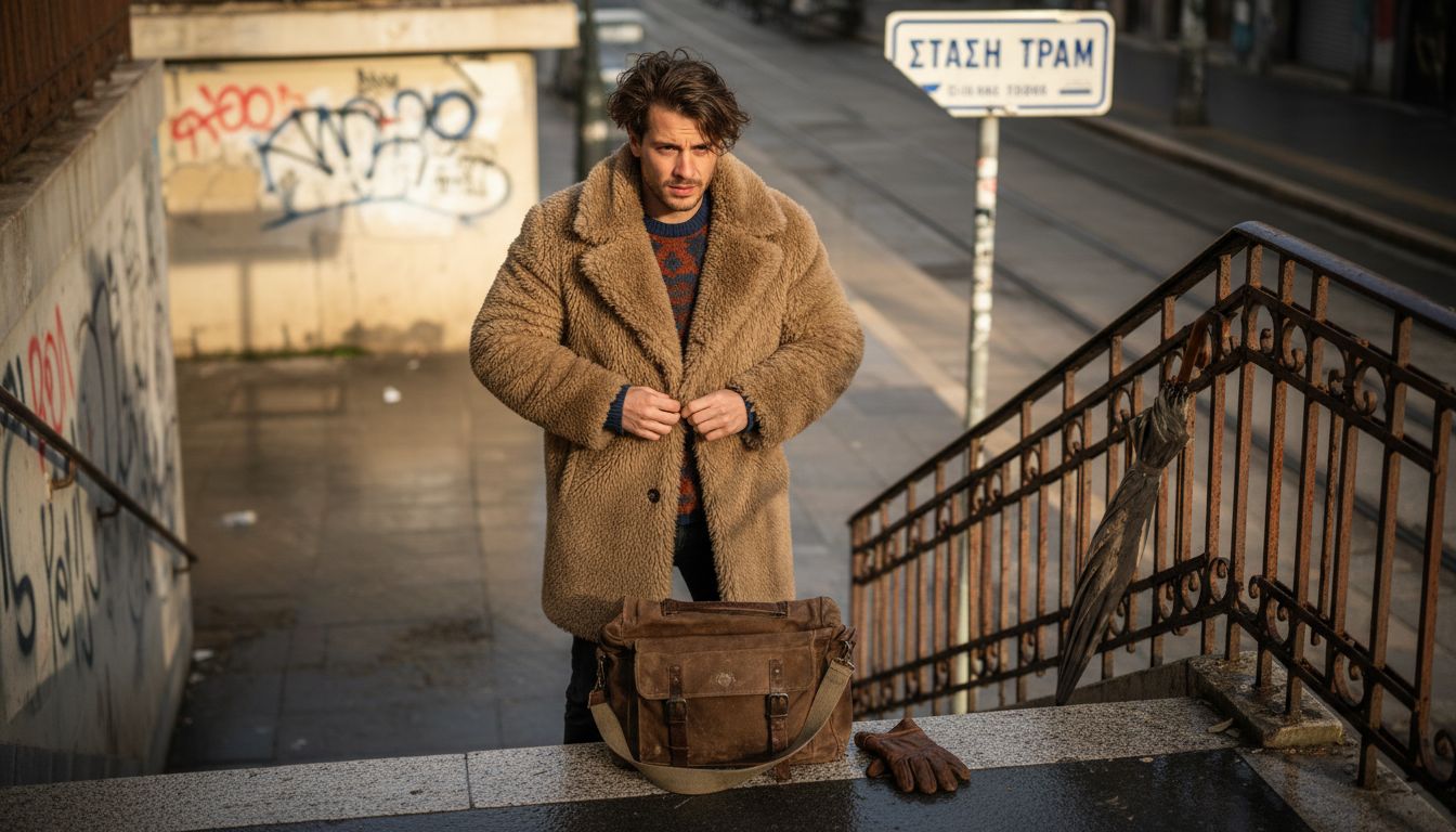 Ένας άντρας με ψεύτικη γούνα περιμένει στη στάση του τραμ.