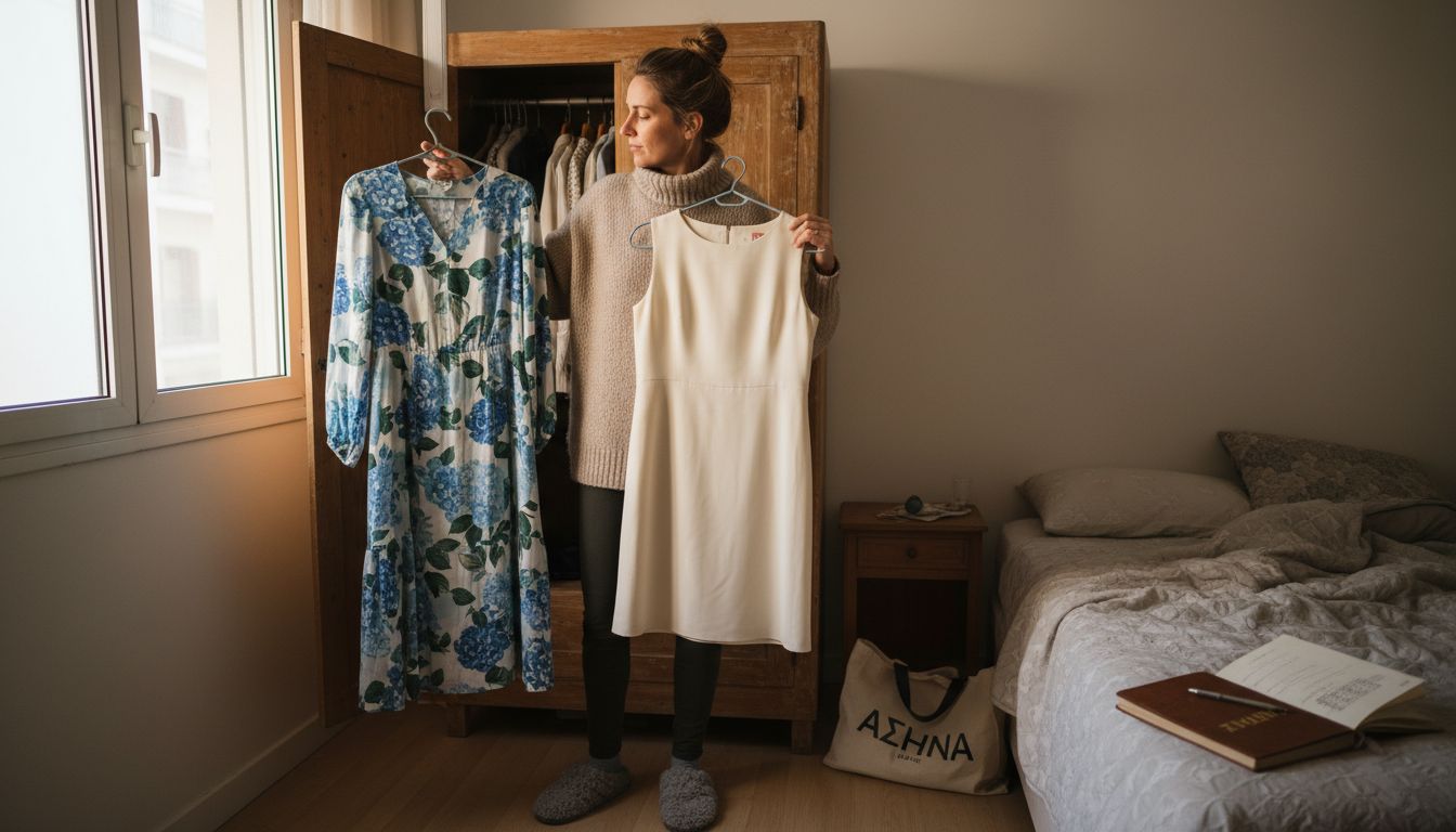 Μια γυναίκα στέκεται μπροστά στη ντουλάπα της, προσπαθώντας να αποφασίσει ποιο από τα δύο φορέματα να διαλέξει.
