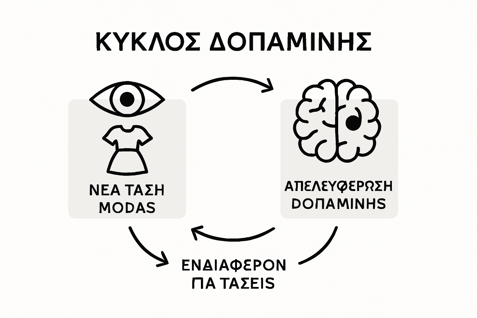 Εντυπωσιακές γραφικές απεικονίσεις για τις τάσεις της μόδας και πώς αυτές επηρεάζουν τον «κύκλο της ντοπαμίνης» – πώς δηλαδή η αναζήτηση του καινούριου στη μόδα συνδέεται με τη διάθεσή μας και το αίσθημα ευχαρίστησης που νιώθουμε κάθε φορά που ακολουθούμε τις νέες τάσεις.