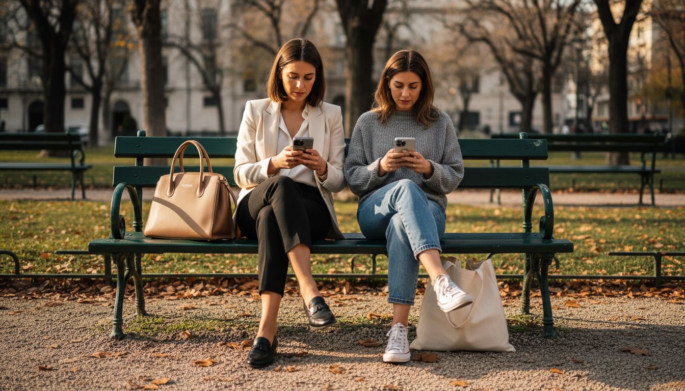 Δύο γυναίκες, η μία με επώνυμα ρούχα και η άλλη με πιο απλά, χωρίς μάρκα.