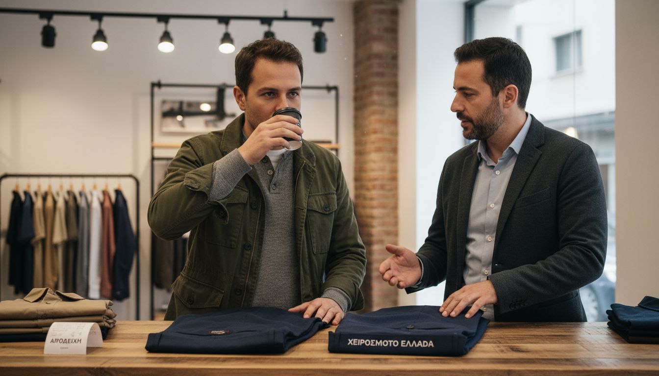 Φίλοι κάνουν βόλτα στα μαγαζιά και συζητούν ποια μάρκα παντελονιού αξίζει περισσότερο.