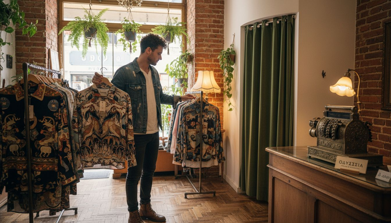 Πελάτισσα χαζεύει τις νέες αφίξεις σε μια μικρή, τοπική μπουτίκ μόδας.