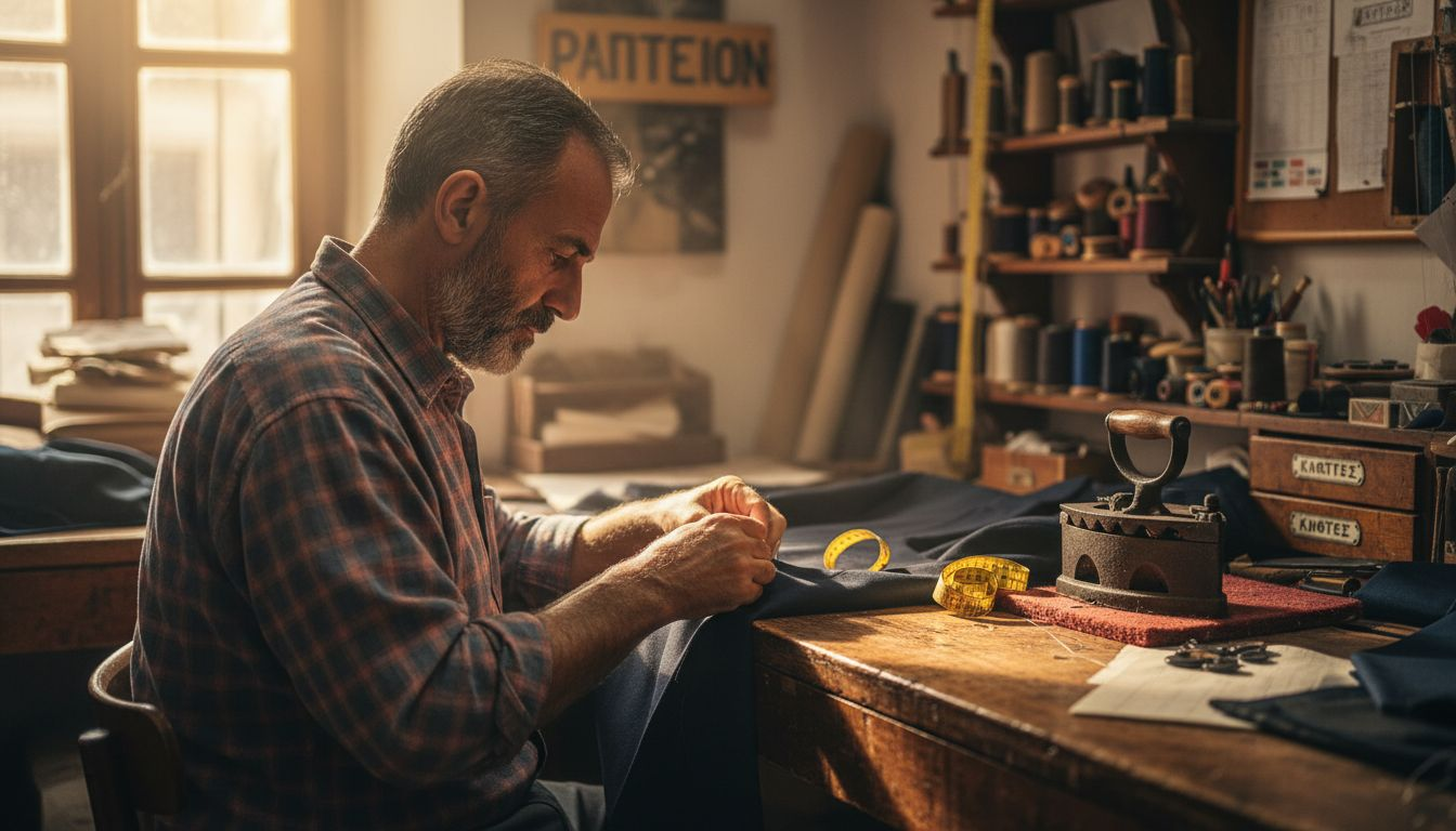 Ένας έμπειρος ράφτης δημιουργεί ένα ποιοτικό μάλλινο σακάκι, δίνοντας προσοχή και στην παραμικρή λεπτομέρεια.