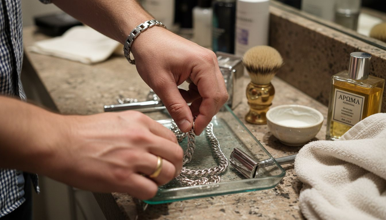 Άνδρας εξετάζει και συγκρίνει ανδρικά κοσμήματα από χρυσό και ασήμι, προσπαθώντας να αποφασίσει ποιο ταιριάζει καλύτερα στο στυλ του.
