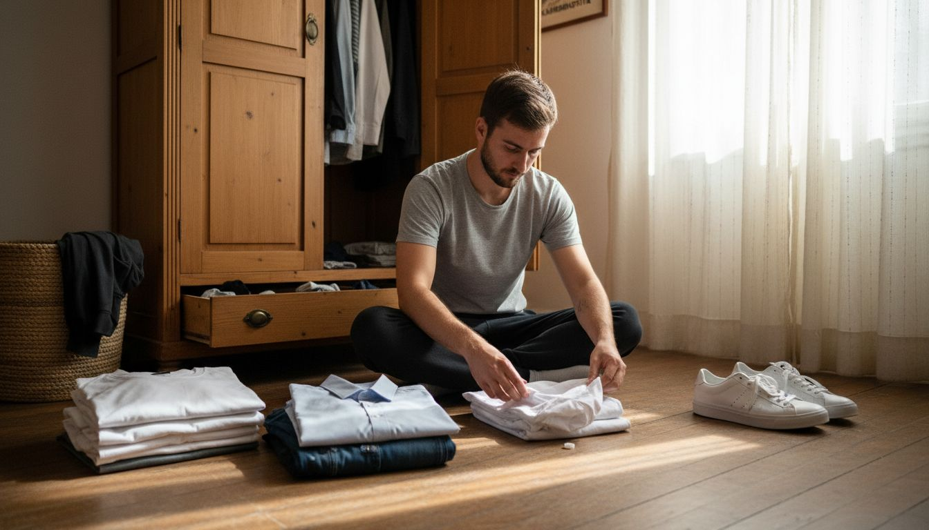 Άνδρας οργανώνει τα βασικά κομμάτια της ντουλάπας του στο σπίτι, διαλέγοντας ρούχα που θα του φανούν χρήσιμα στην καθημερινότητά του.