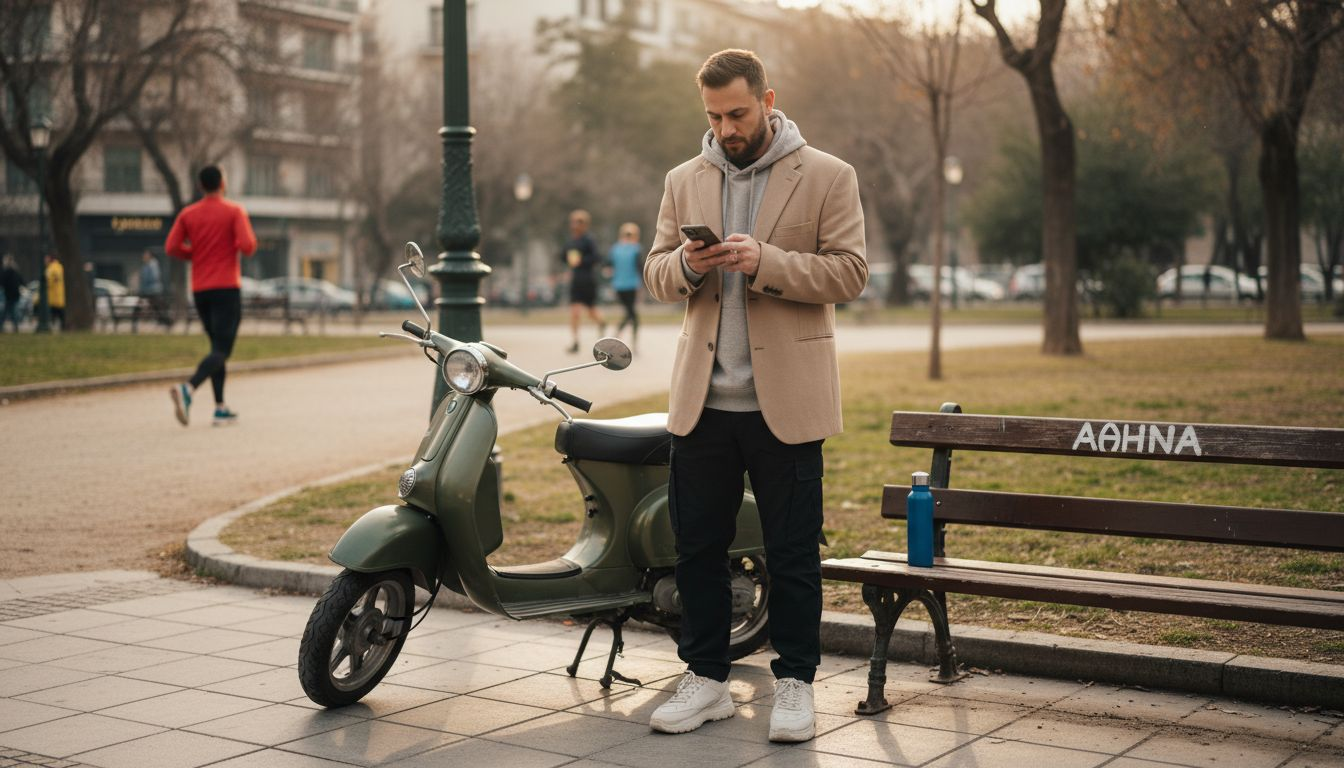 Νεαρός με στιλάτο urban ντύσιμο ποζάρει δίπλα σε ρετρό παπί