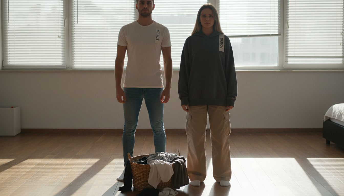 Δύο άτομα παρουσιάζουν ρούχα σε κανονικό και φαρδύ στυλ.