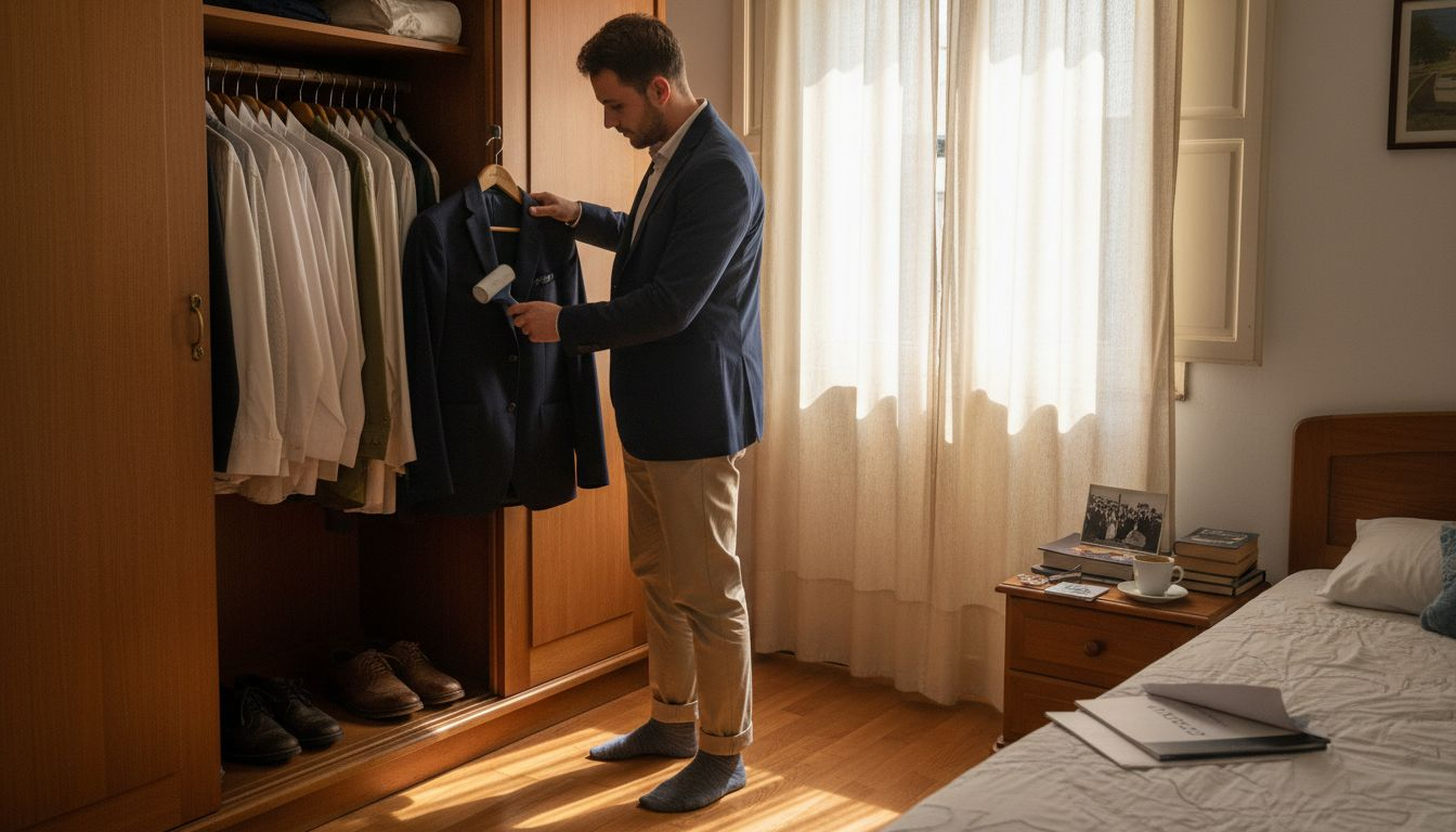 Ένας άνδρας επιλέγει τι θα φορέσει μέσα στο υπνοδωμάτιό του, σε ένα οικείο και ρεαλιστικό περιβάλλον.