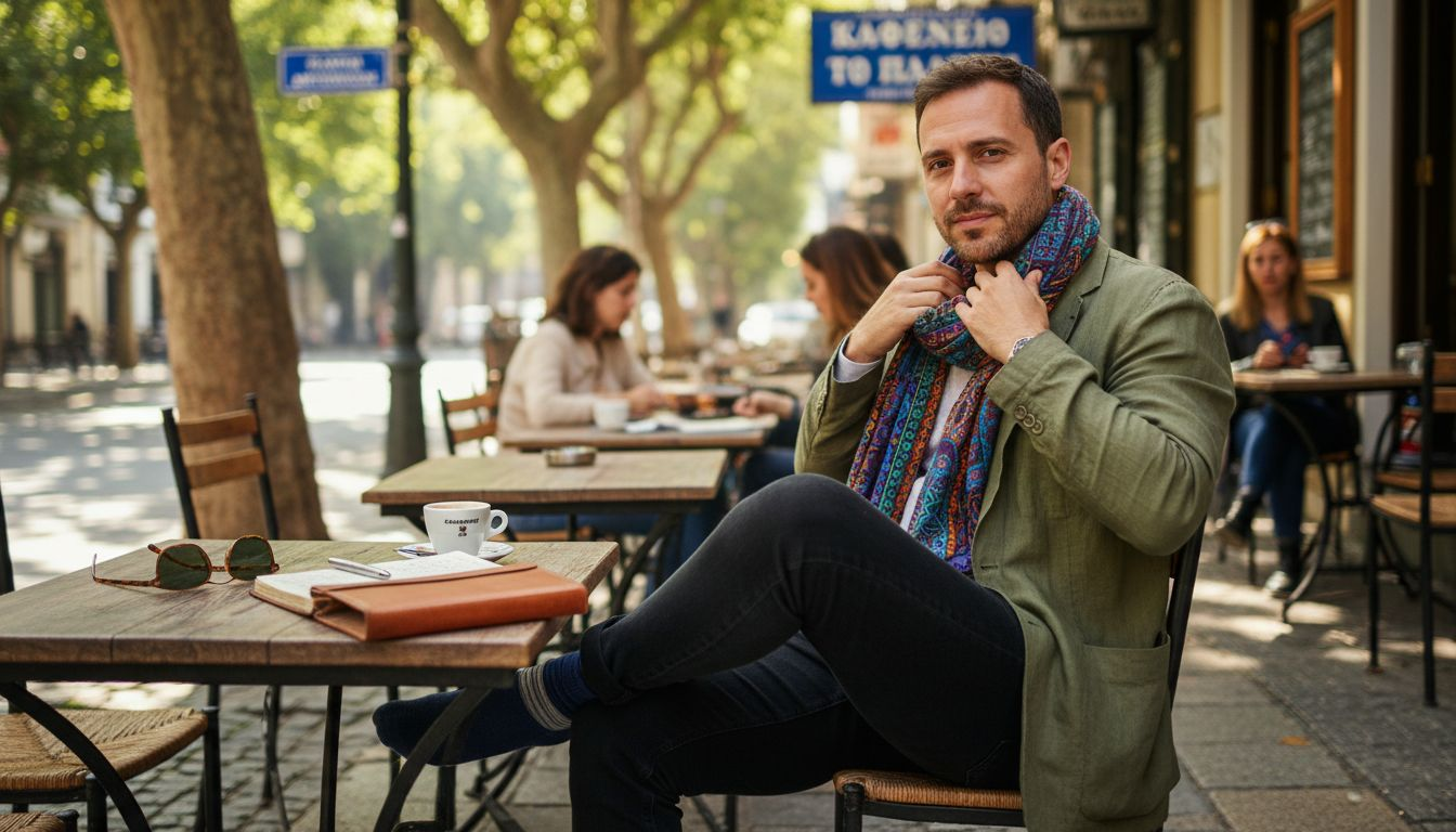 Ένας άνδρας που ξεχωρίζει με το αυτοπεποίθητο στιλ του, απολαμβάνοντας τη μέρα του σε εξωτερικό χώρο.