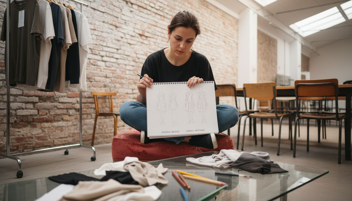 Ένας σχεδιαστής μόδας δημιουργεί τα δικά του σχέδια, καθισμένος δίπλα σε ρούχα μαζικής παραγωγής.