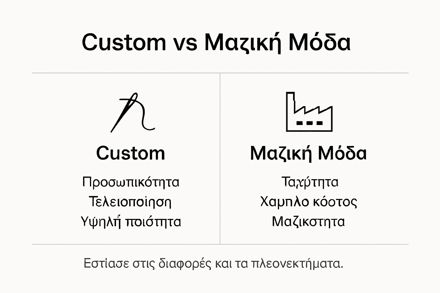 Γραφικό με αναλυτική σύγκριση μεταξύ ρούχων κατά παραγγελία και μαζικής παραγωγής