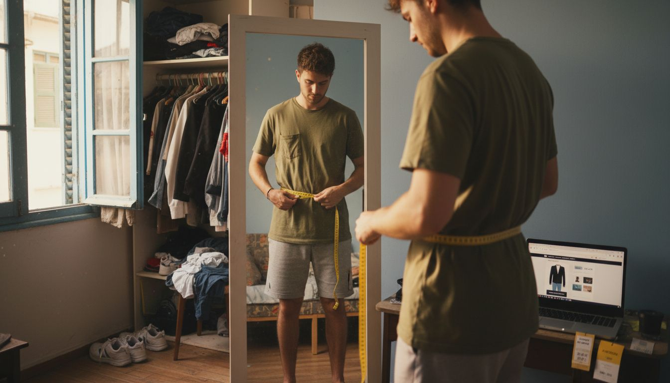 Άνδρας μετράει την περίμετρο της μέσης του για να δει αν του κάνει το ρούχο.