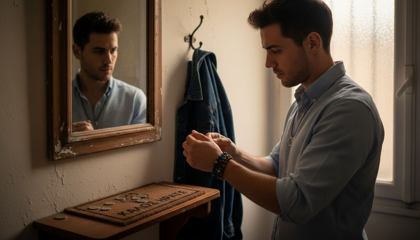 Άνδρας που συνδυάζει κοσμήματα με καθημερινό ντύσιμο