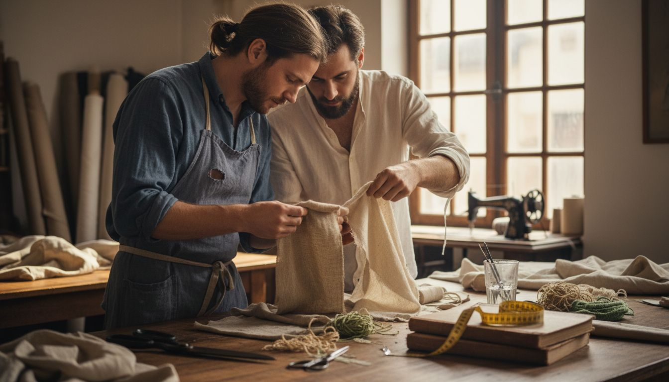 Ράφτες εξετάζουν οικολογικά υφάσματα, αναζητώντας τις πιο βιώσιμες επιλογές για τις δημιουργίες τους.