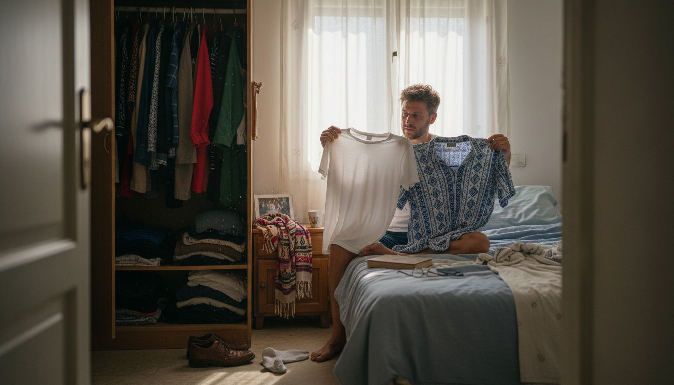 Ένας άντρας προσπαθεί να διαλέξει πουκάμισο μέσα σε ένα δωμάτιο γεμάτο ακαταστασία.