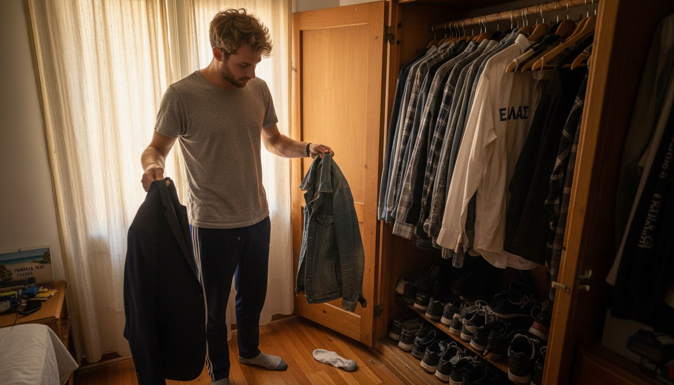 Ένας άνδρας στέκεται μπροστά σε μια γεμάτη ντουλάπα, προσπαθώντας να διαλέξει τι να φορέσει ανάμεσα σε δεκάδες διαφορετικά ρούχα και στυλ.