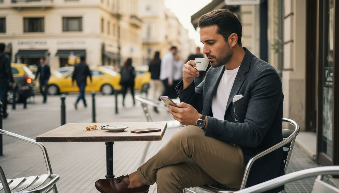 Άντρας με μοντέρνα, χαλαρή εμφάνιση απολαμβάνει τον καφέ του σε εξωτερικό χώρο καφετέριας.