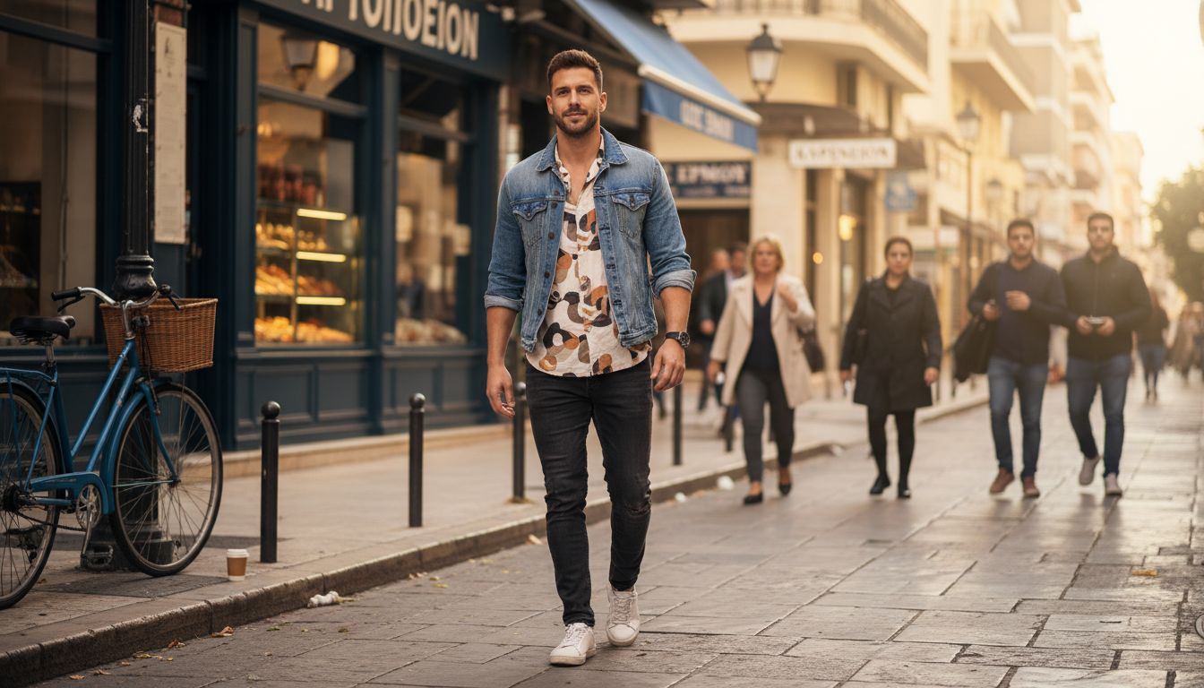 Ένας άνδρας γεμάτος αυτοπεποίθηση, με ξεχωριστό προσωπικό στυλ, απολαμβάνει τη βόλτα του έξω.