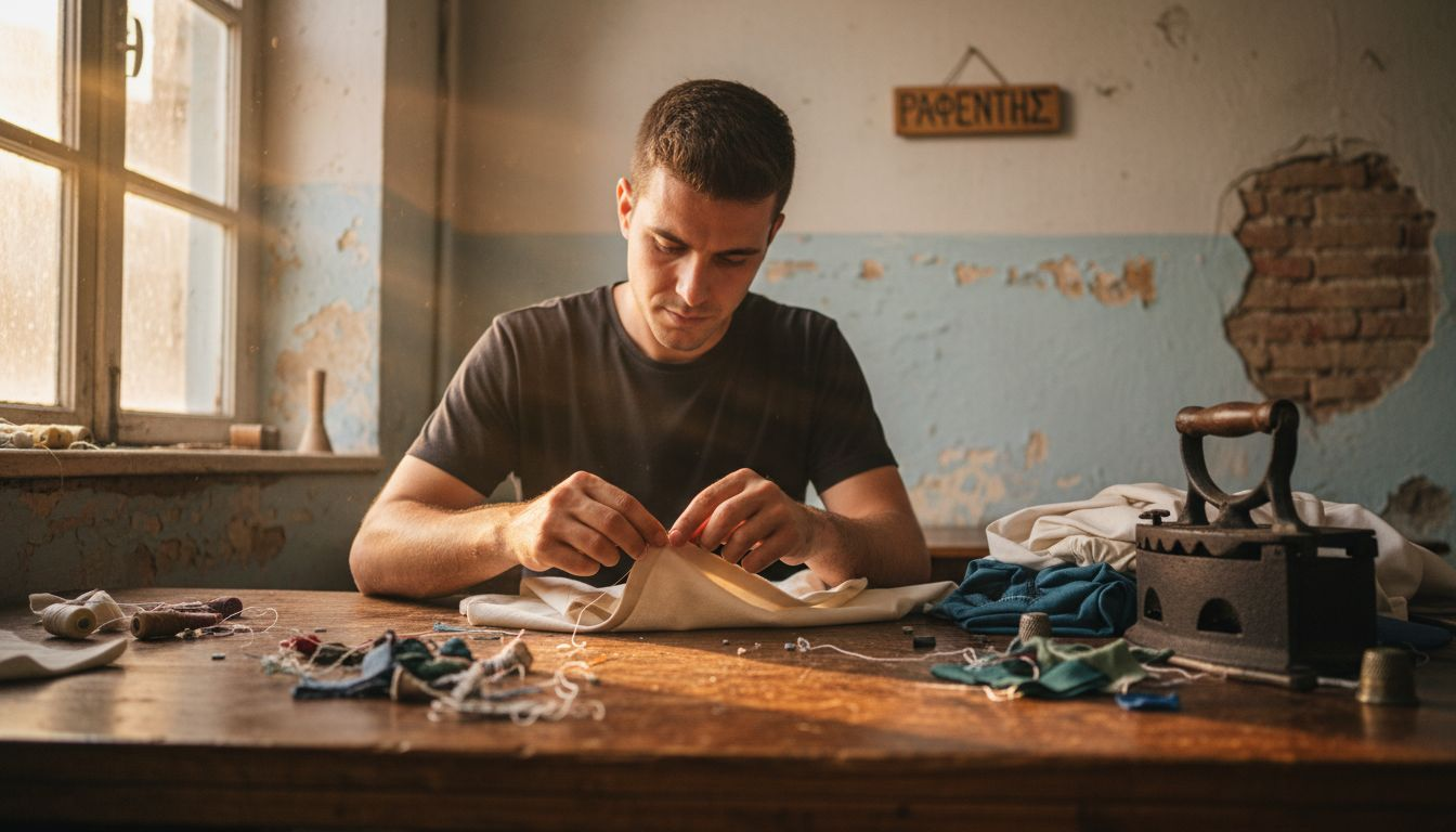 Ένας τεχνίτης ράβει πουκάμισο στο μικρό του εργαστήριο.