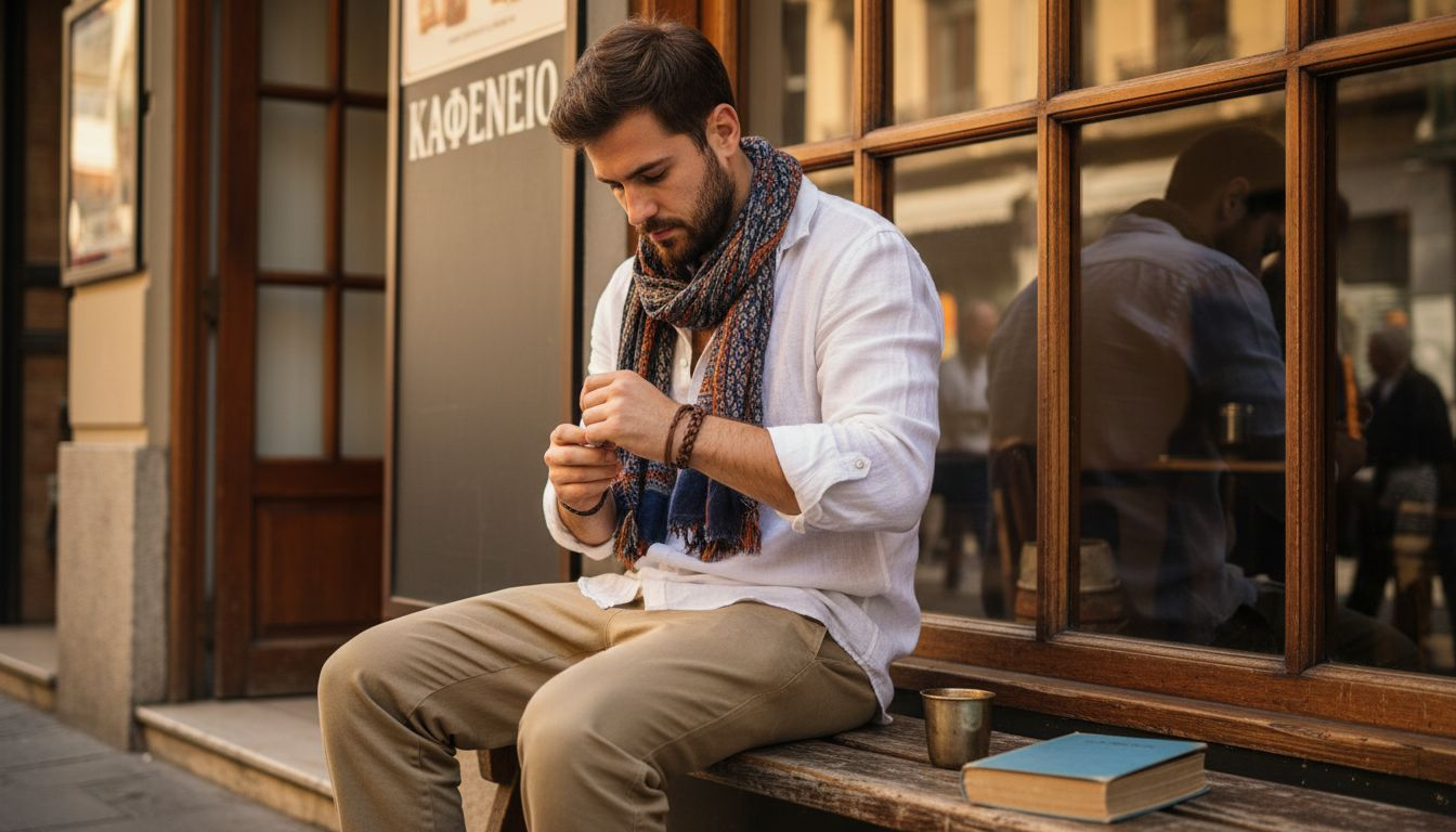 Άνδρας δένει δερμάτινο βραχιόλι για να ολοκληρώσει το boho στυλ του.