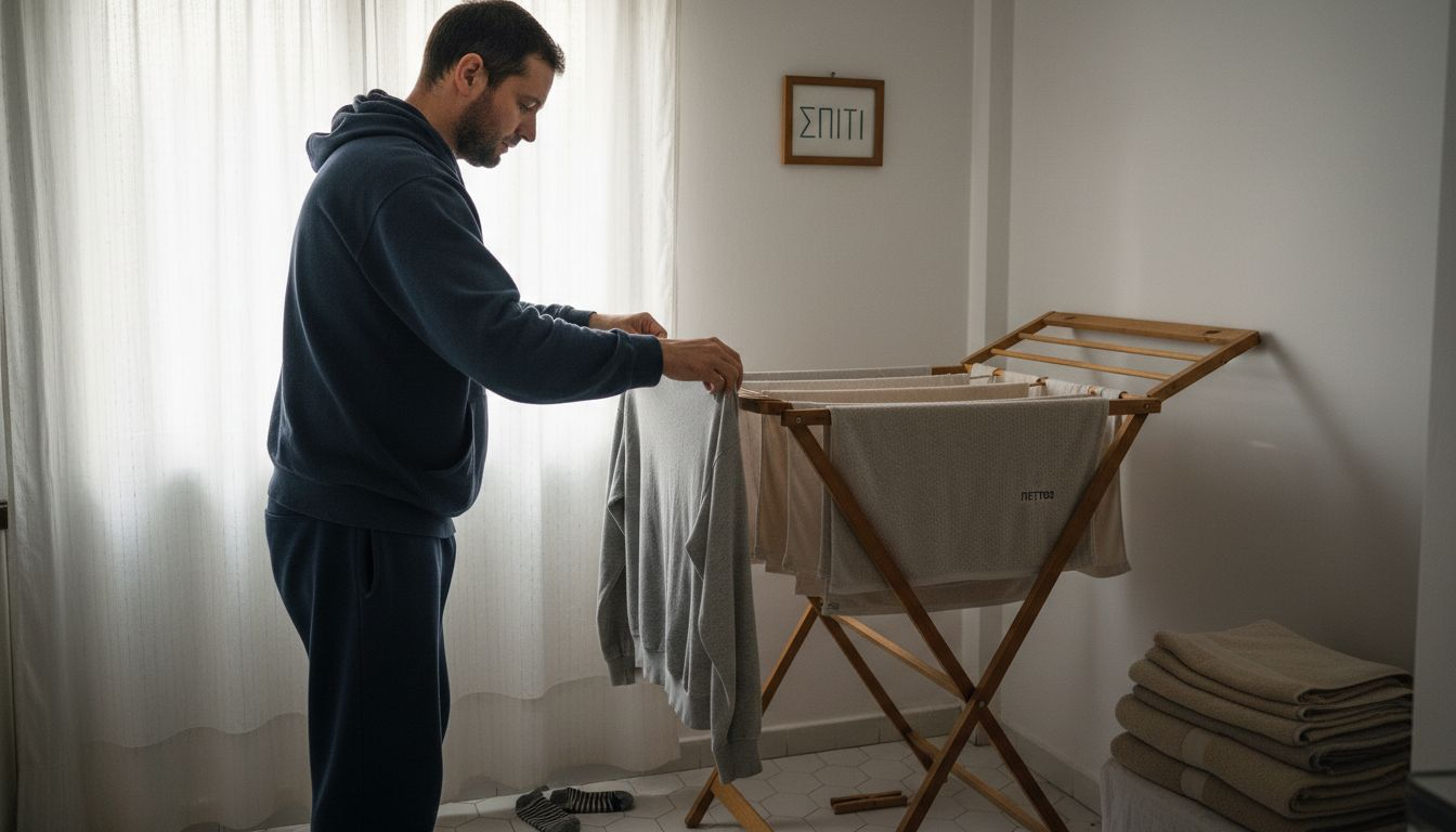 Ένας άντρας απλώνει μια φαρδιά φούτερ σε εσωτερική απλώστρα για να στεγνώσει.