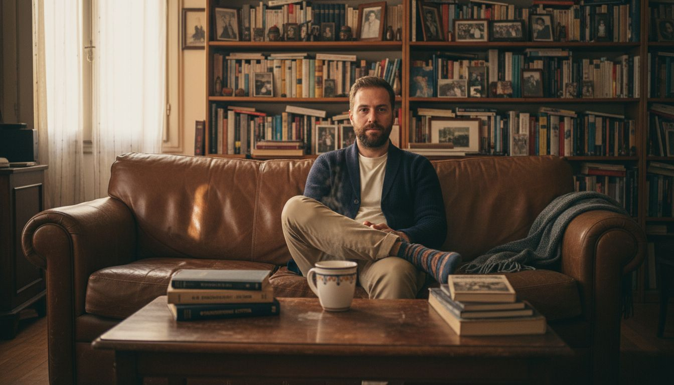 Άνδρας ποζάρει σε εσωτερικό χώρο, φορώντας ένα άνετο και στιλάτο σύνολο με στρώσεις ρούχων.