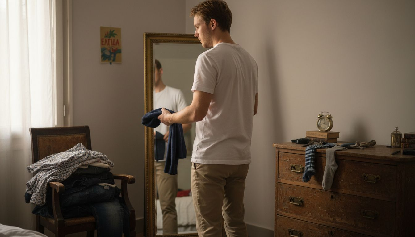 Ένας άντρας στέκεται μπροστά στον καθρέφτη και δοκιμάζει να συνδυάσει τα χρώματα στα casual ρούχα του, αναζητώντας το τέλειο look για την ημέρα.