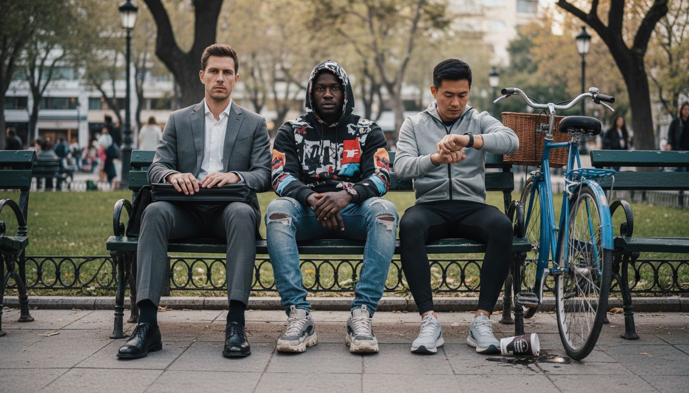 Τρεις άνδρες παρουσιάζουν το προσωπικό τους στιλ με ρούχα διαφορετικών brands σε ένα πάρκο.