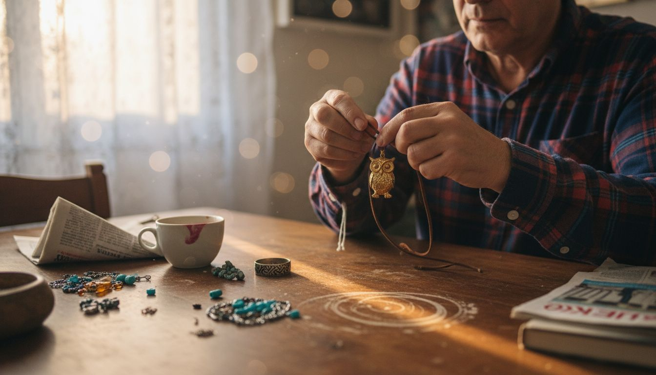 Άνδρας δουλεύει με μεράκι πάνω σε δερμάτινο και χρυσό μενταγιόν.