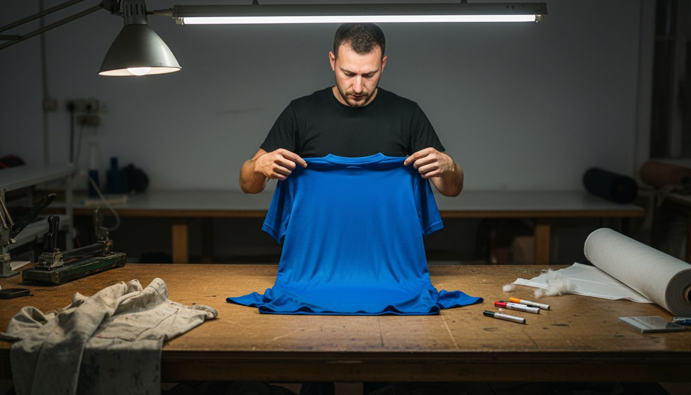 Ένας άνδρας παρατηρεί προσεκτικά ένα αθλητικό ύφασμα, εξετάζοντας την ποιότητα και την υφή του.