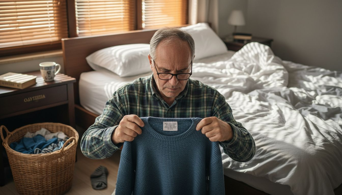 Άνδρας κοιτάζει την ετικέτα φροντίδας στο μπλε πουλόβερ του για να δει πώς πρέπει να το πλύνει.