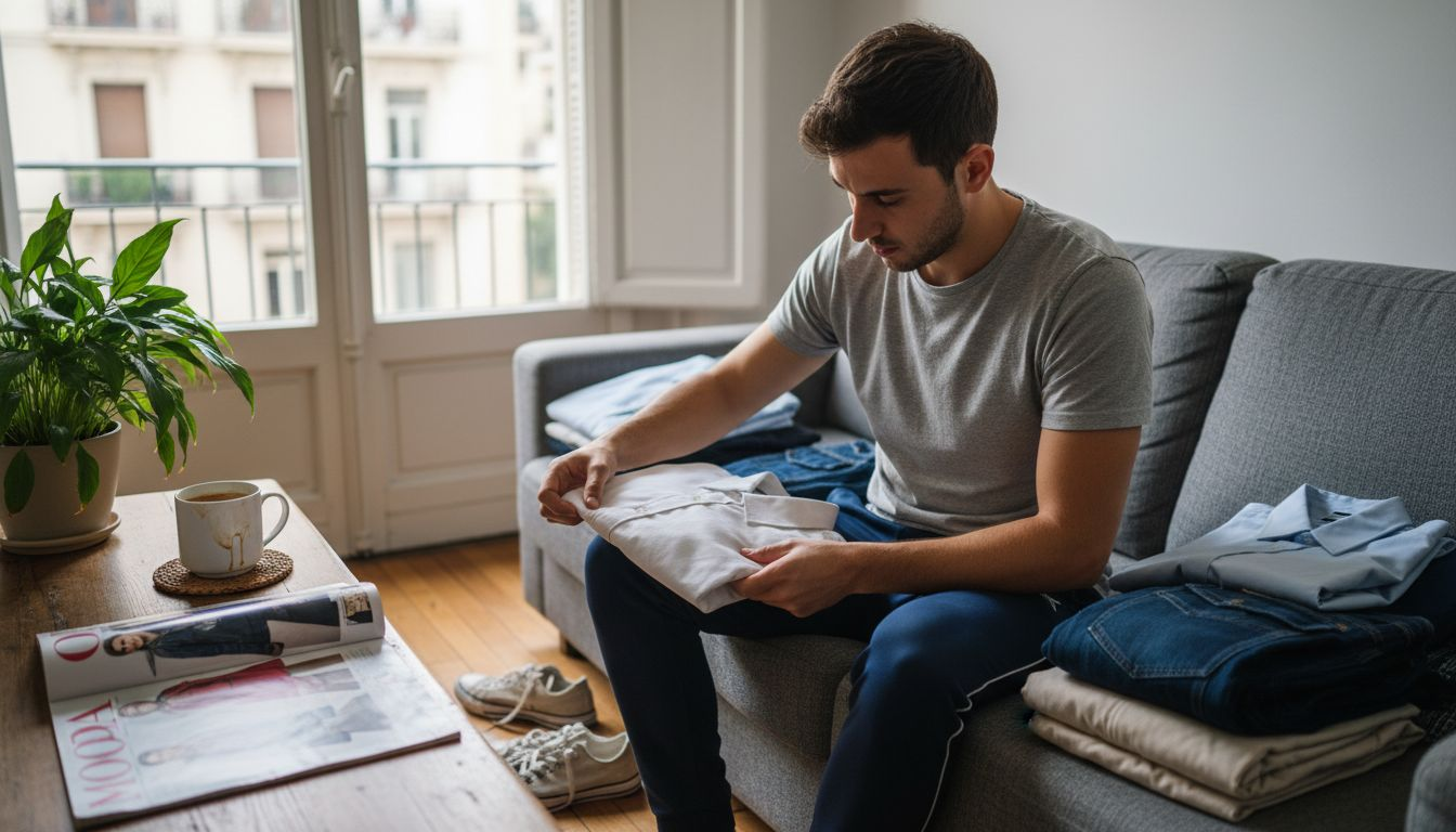 Ένας άνδρας κάθεται στον καναπέ και εξετάζει προσεκτικά διάφορα υφάσματα που έχει μπροστά του, προσπαθώντας να αποφασίσει ποιο πουκάμισο θα του ταιριάξει καλύτερα.