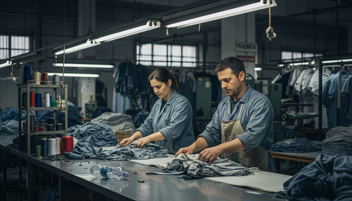 Εργαζόμενοι στη βιομηχανία ένδυσης ράβουν και συναρμολογούν ρούχα σε γραμμή παραγωγής.
