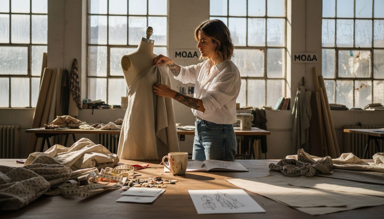 Ένας σχεδιαστής μόδας δουλεύει με πάθος σε ένα φωτεινό ατελιέ, ντύνοντας τη βιτρίνα με εντυπωσιακά ρούχα.