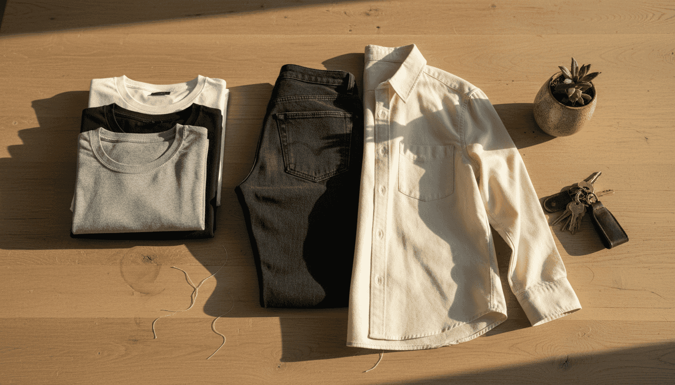 Ένα στιλάτο flat lay με βασικά t-shirts και τζιν, τακτοποιημένα το ένα πάνω στο άλλο