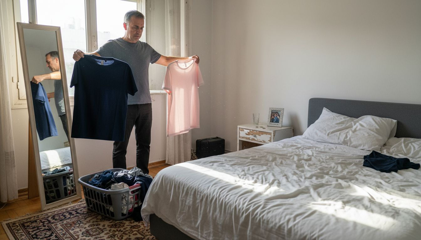 Άνδρας δοκιμάζει πουκάμισα μπροστά στον καθρέφτη για να δει ποιο ταιριάζει καλύτερα με τον τόνο της επιδερμίδας του.