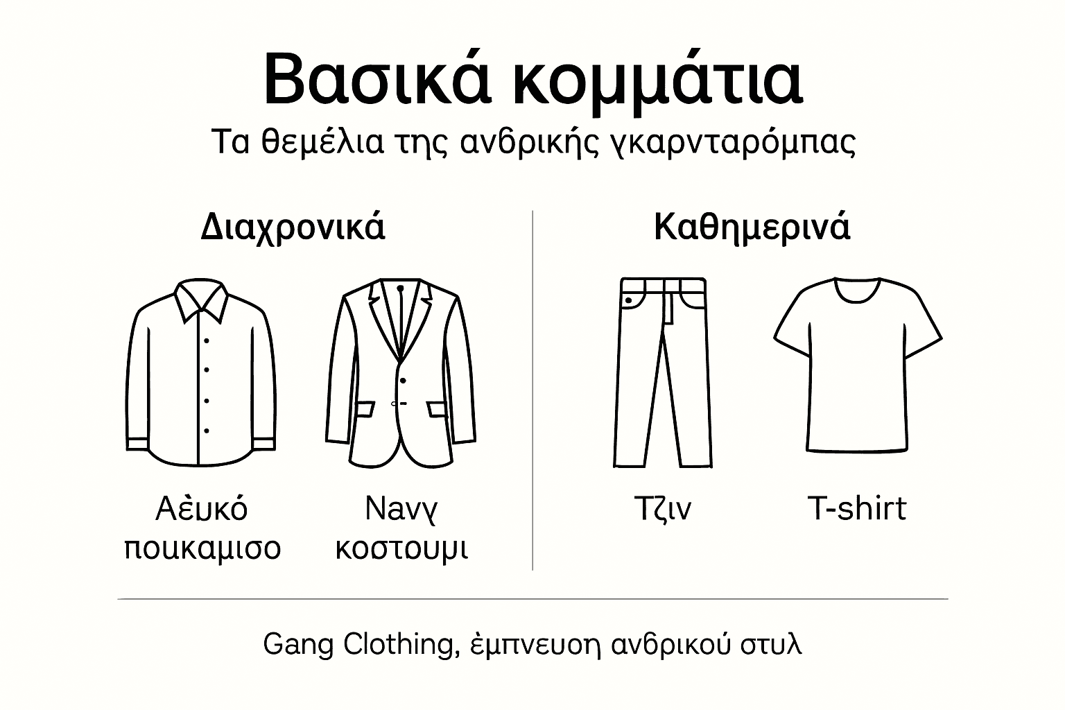 Εικονογραφημένος οδηγός με βασικά κομμάτια ανδρικής γκαρνταρόμπας