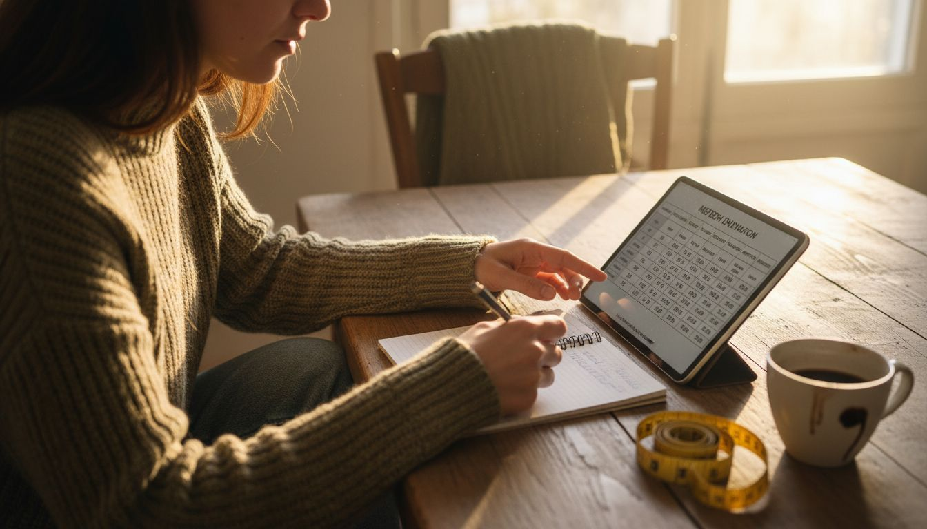 Γυναίκα που συγκρίνει τις δικές της μετρήσεις με τον ηλεκτρονικό πίνακα μεγεθών για να βρει το σωστό νούμερο.