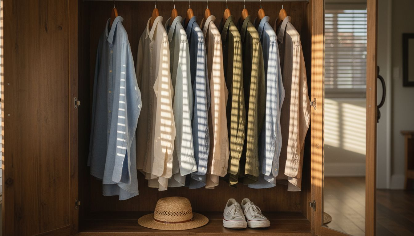 Πουκάμισα από λινό και βαμβάκι κρεμασμένα σε μια ντουλάπα που λούζεται από το φως του ήλιου.