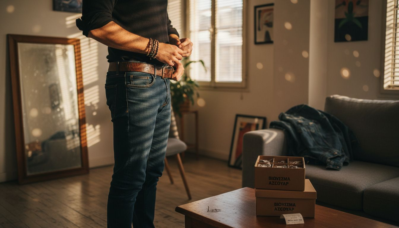 Ένας άνδρας τακτοποιεί τα αξεσουάρ του δίπλα στο παράθυρο που λούζεται από το φως του ήλιου.