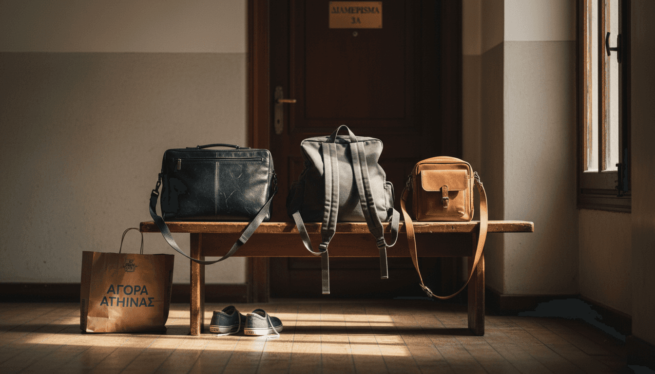 Διάφορες ανδρικές τσάντες ακουμπισμένες πάνω στο παγκάκι του διαδρόμου.