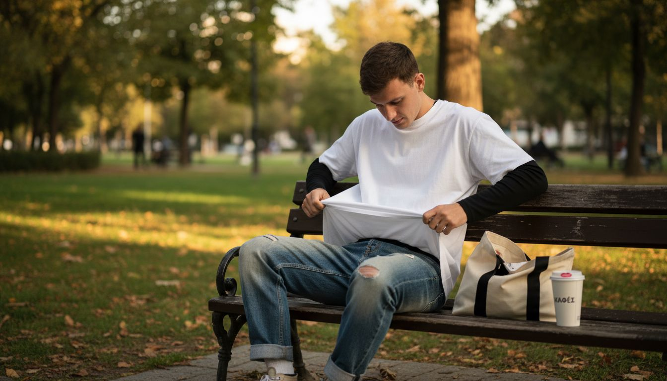 Φόρεσα το φαρδύ t-shirt μου και κάθισα χαλαρά στο παγκάκι του πάρκου, δημιουργώντας ένα άνετο και στιλάτο layering look.