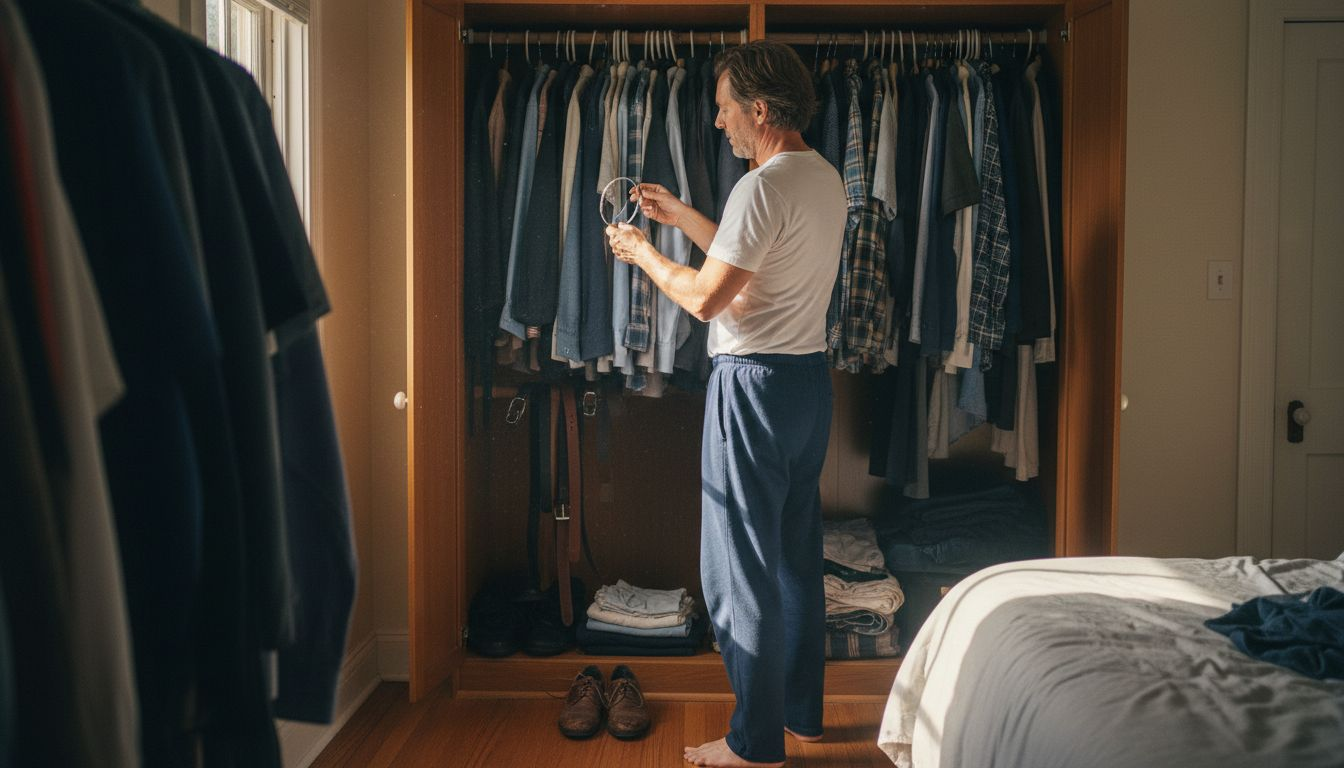 Ένας άνδρας στέκεται μπροστά στη ντουλάπα του, διαλέγοντας ποιο βραχιόλι ταιριάζει καλύτερα με το ντύσιμό του.