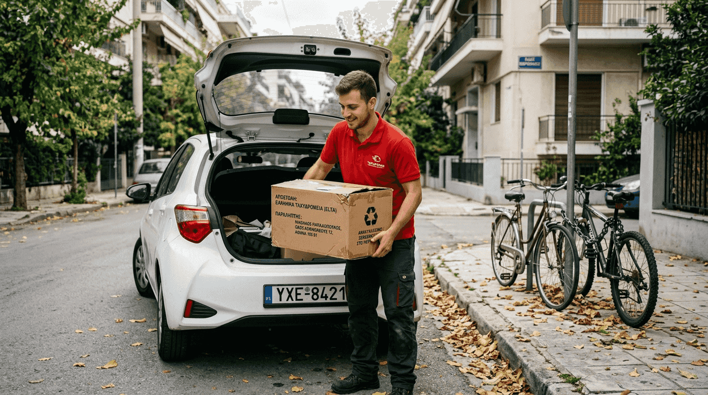 Ο διανομέας ανοίγει το πακέτο με τα οικολογικά ρούχα, φέρνοντας μια δόση βιωσιμότητας στην καθημερινότητά μας.