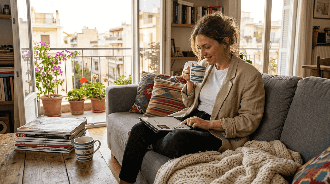 Μία γυναίκα ποζάρει στο σαλόνι της, φορώντας ένα φαρδύ σακάκι σε στιλ layering.