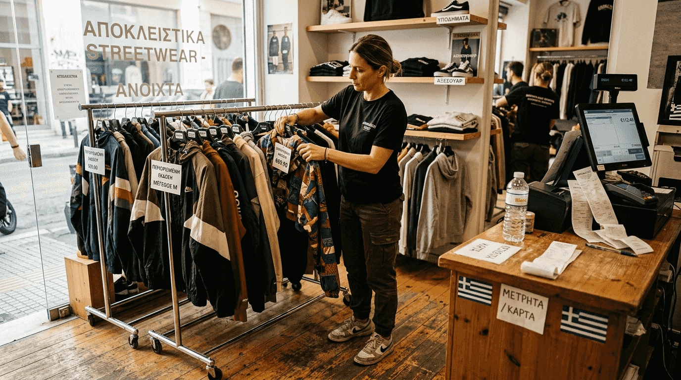 Ο υπεύθυνος του καταστήματος τακτοποιεί τα συλλεκτικά μπουφάν στη βιτρίνα.