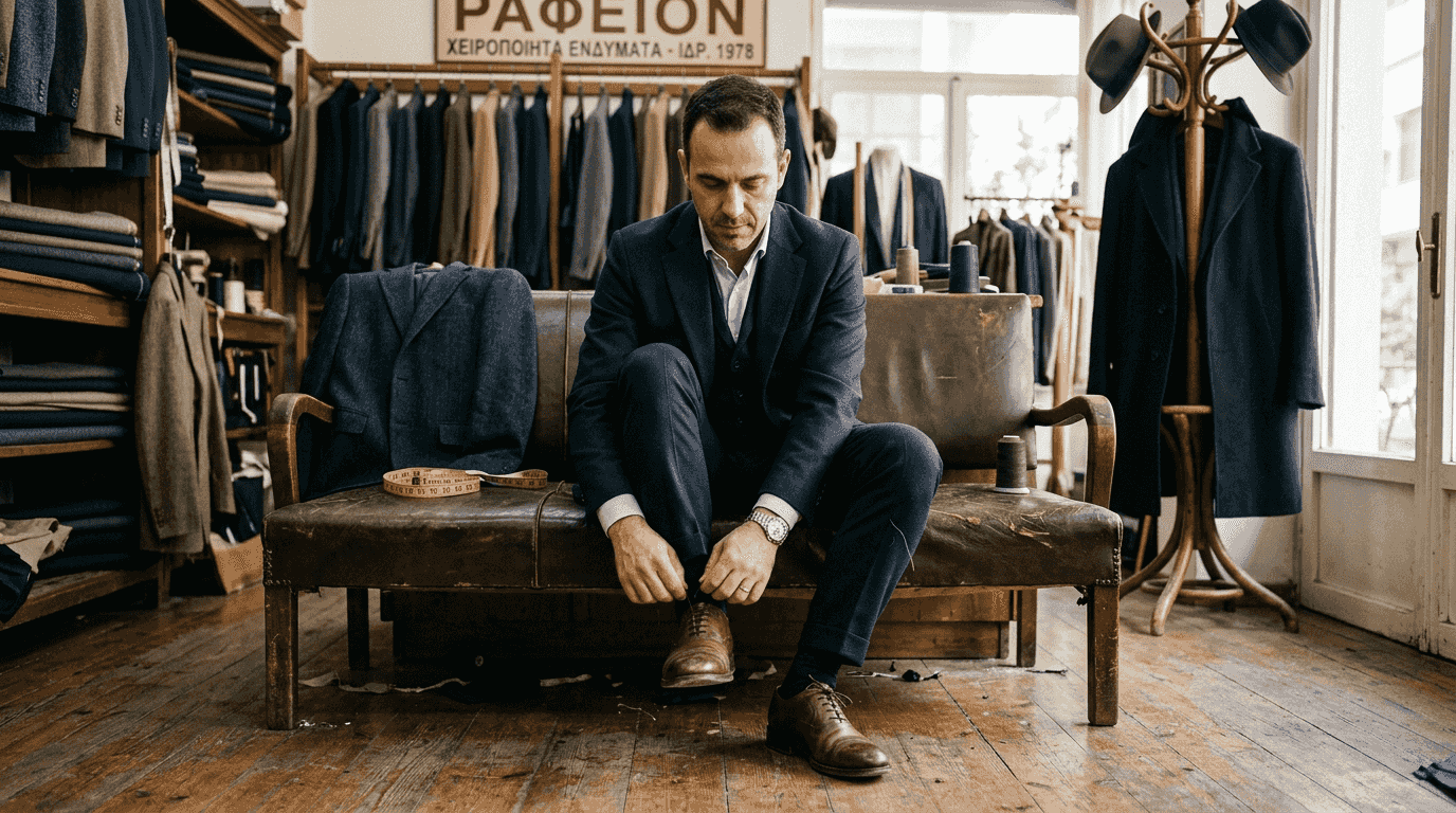 Ένας άνδρας δένει τα κορδόνια του μέσα σε ένα παραδοσιακό ραφείο.